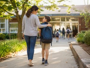 Mother reassuring her school-age son as they walk toward school on the first day