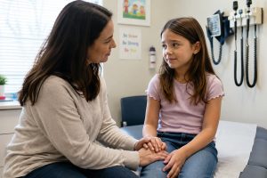 Mother reassuring her daughter during a medical appointment in a pediatric exam room