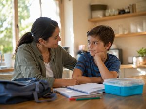 Mother talking with her son about school while his backpack and school supplies sit nearby